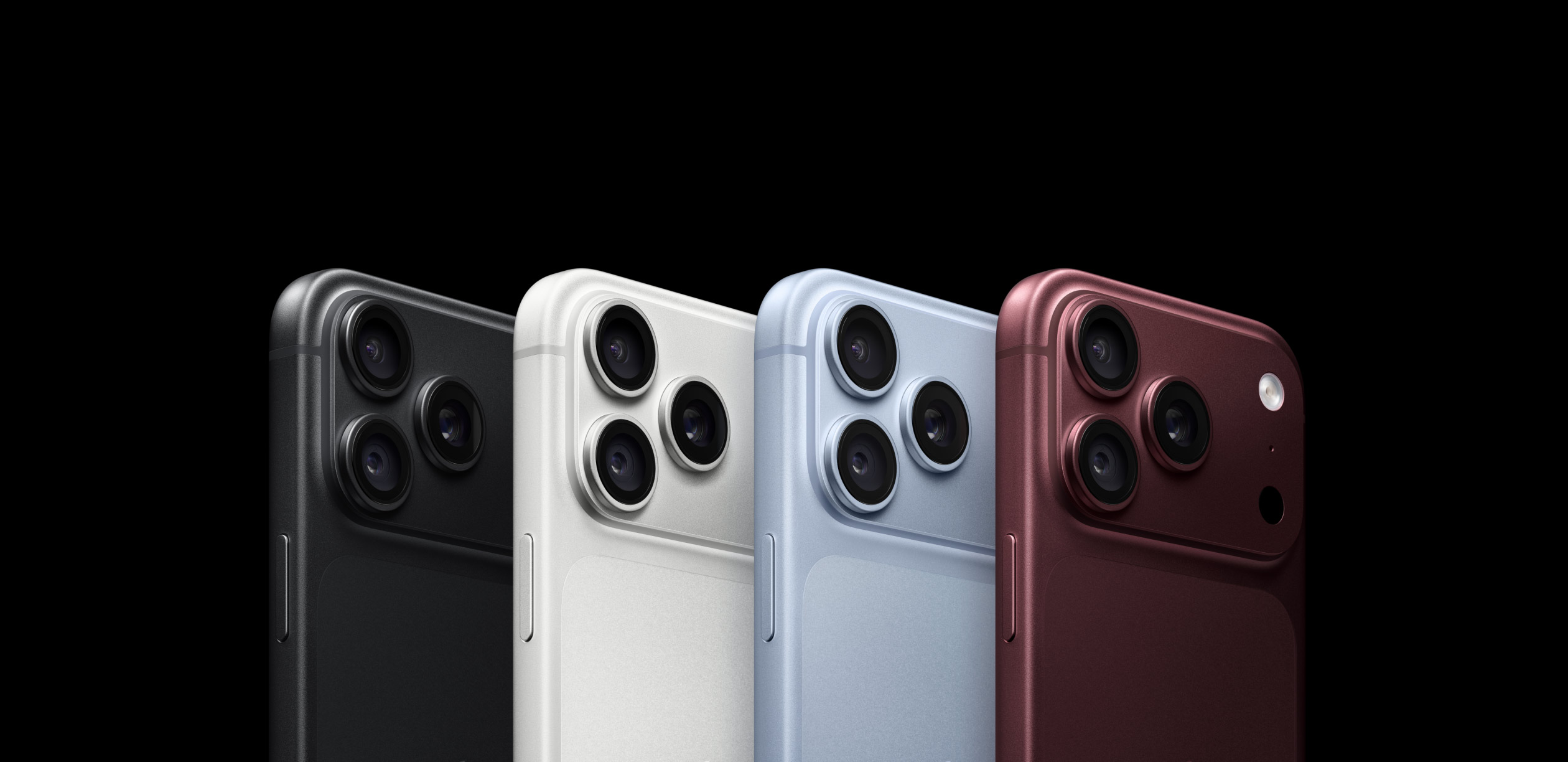 Quatro iPhones lado a lado, mostrando os acabamentos disponíveis